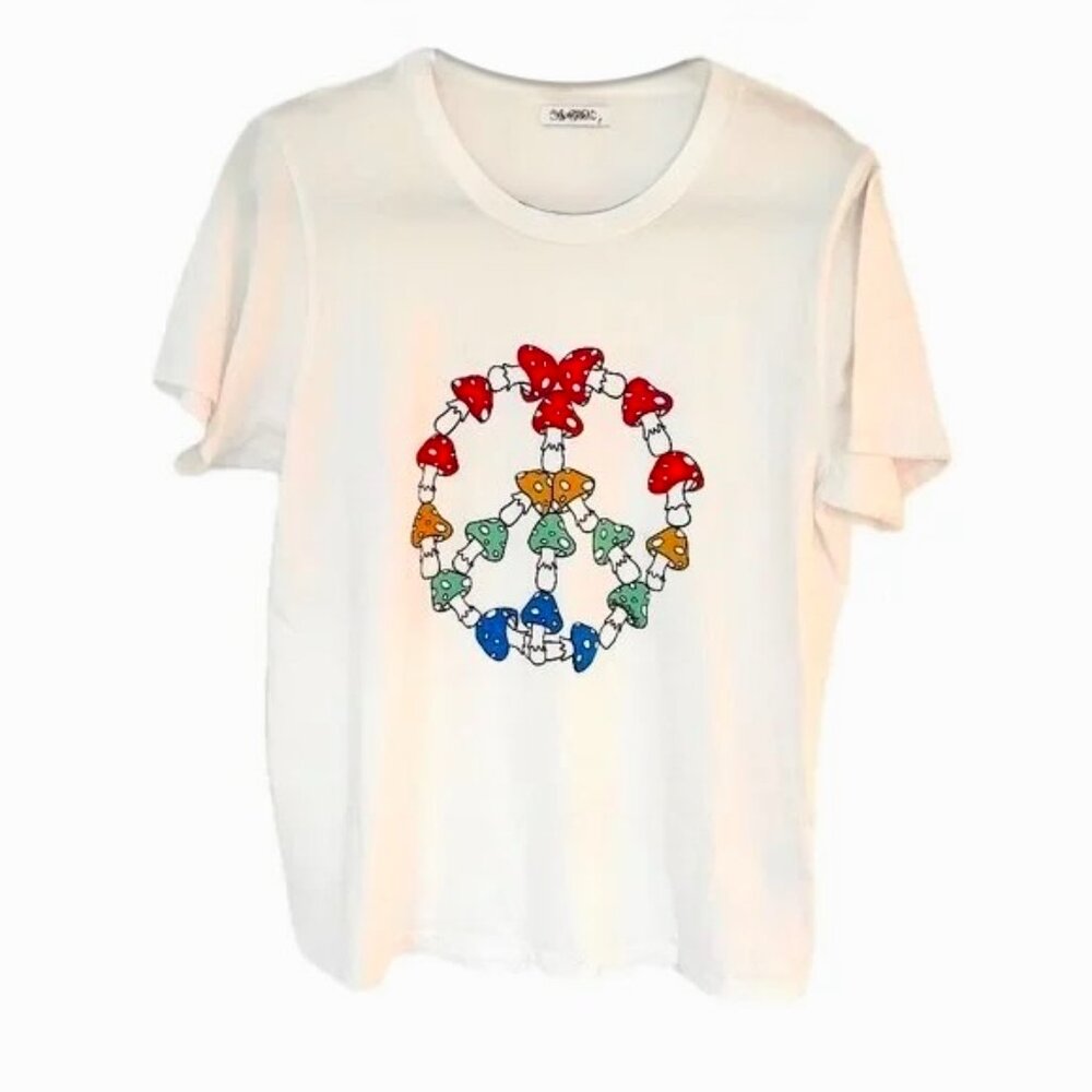 Lauren Moshi Peace Magic Mushroom Graphic T-Shirt Short Sleeves Wm L Whi…